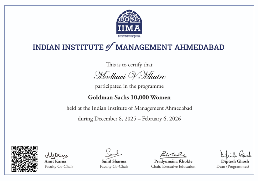 IIM Ahmedabad Goldman Sachs 10,000 Women certificate